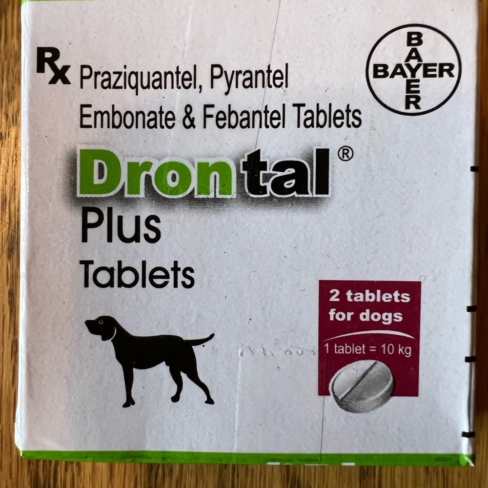 Bayer Drontal dewormer tablets for small dogs.